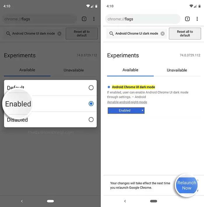 Turn ON 'Android Chrome UI dark mode' Flag