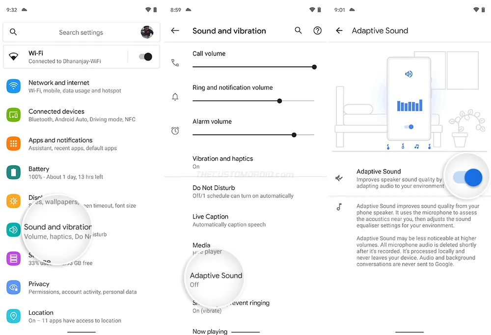 Adaptive Sound in Settings menu on Pixel
