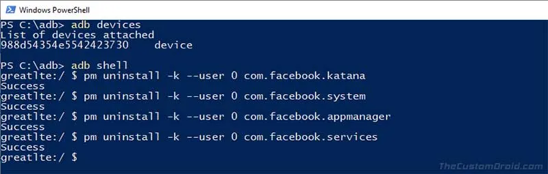 Uninstall Bloatware from Samsung Galaxy S10 - Enter ADB Uninstall Command
