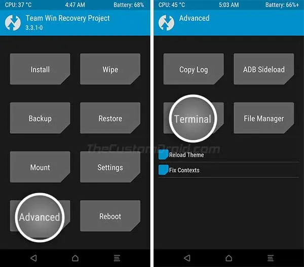Go to 'Advanced' menu in TWRP and Select 'Terminal'