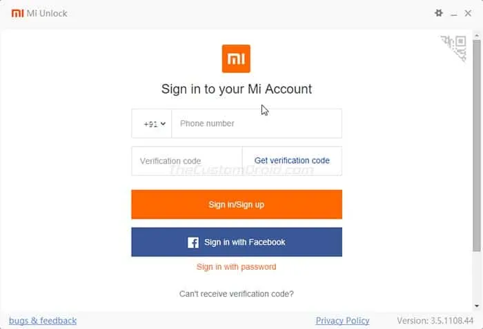 Log in to your Mi account in the Mi Unlock Tool
