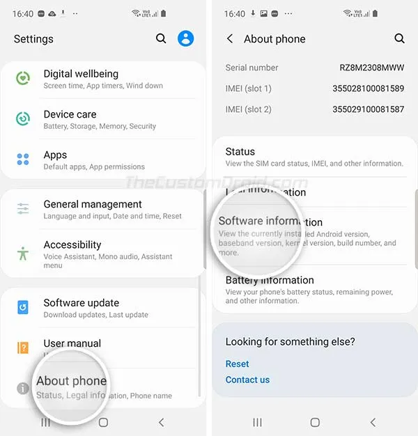 Go to "About phone" > "Software Information" on Galaxy Note 10/10+