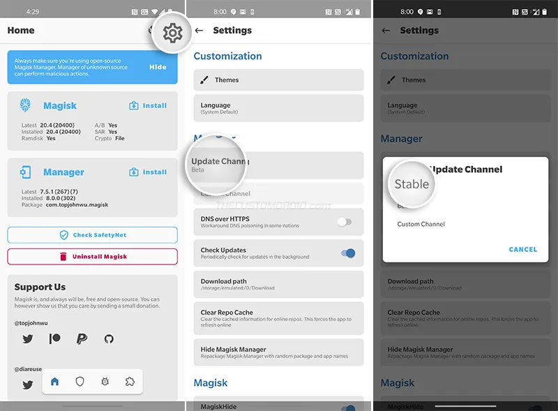 Change Update Channel to 'Stable' in Magisk Manager