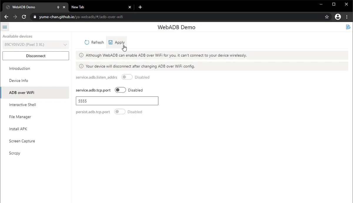 Enable ADB over WiFi using WebADB