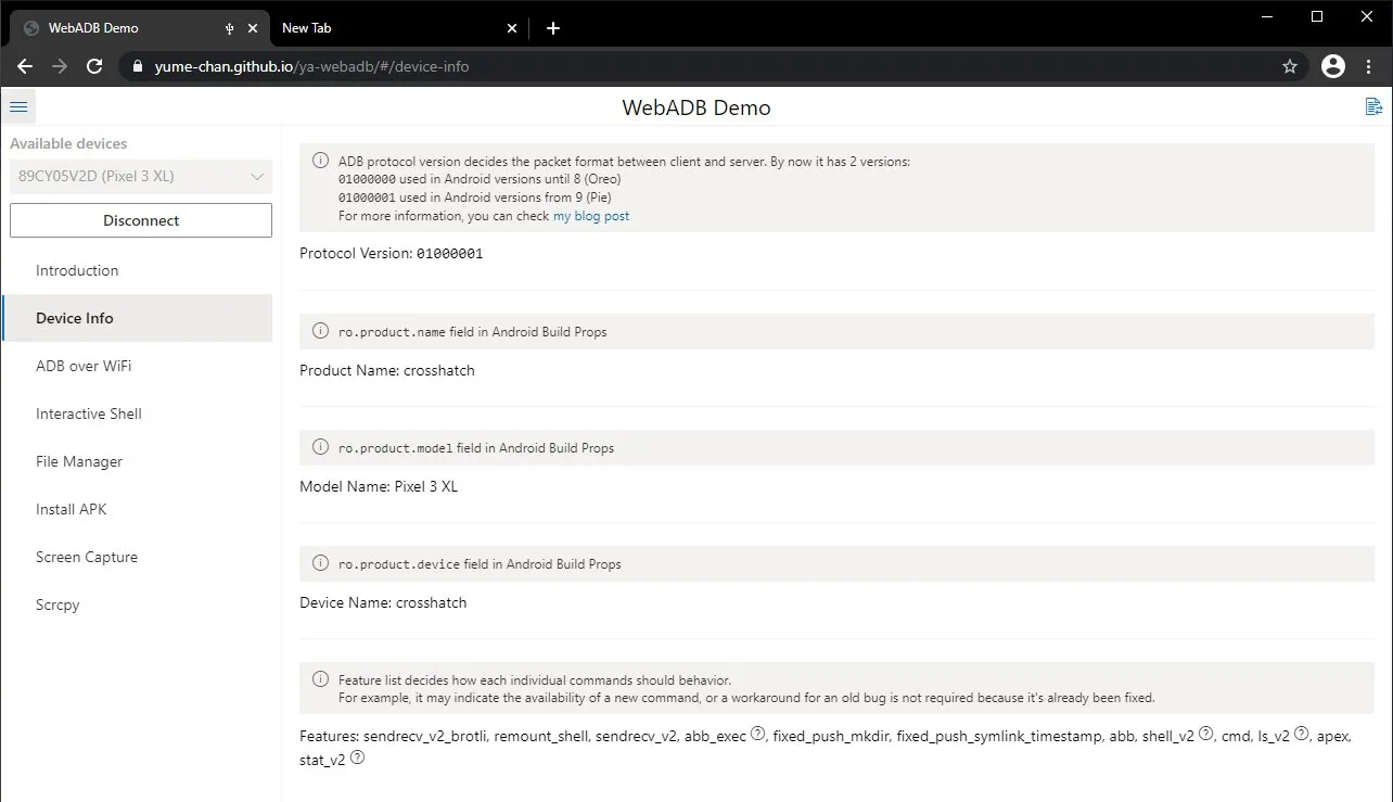 View device information using WebADB