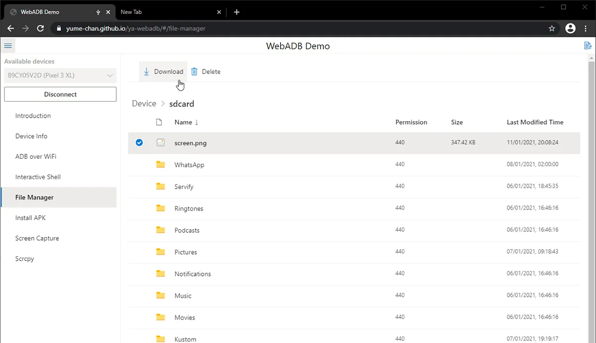Using the file manager to download and delete files