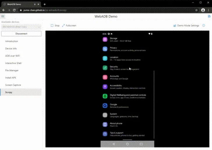 Using WebADB to view and remote control Android screen