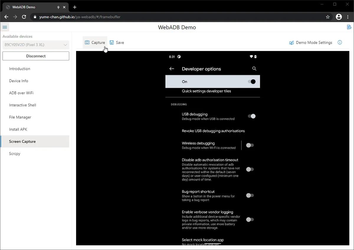Capturing a screenshot using WebADB