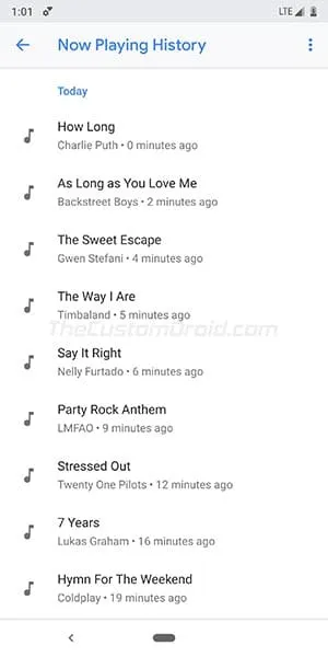 View Now Playing History on Google Pixel 2 (XL) - Screenshot