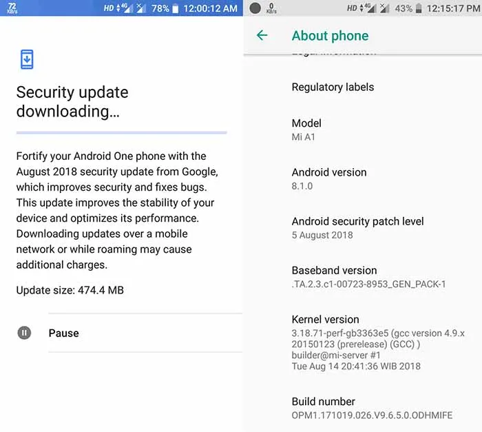 Xiaomi Mi A1 August 2018 Security Update OTA Screenshot
