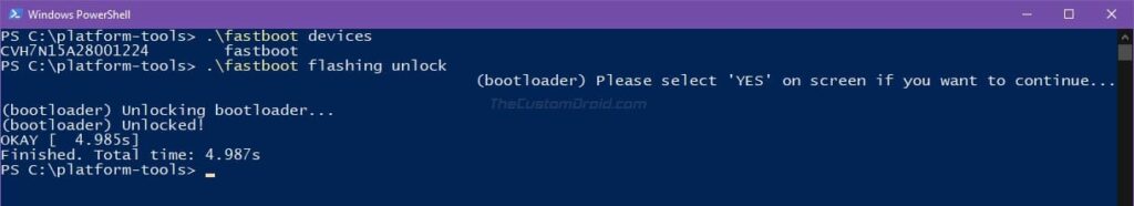 Enter 'fastboot flashing unlock' command to Unlock Nexus 6P Bootloader