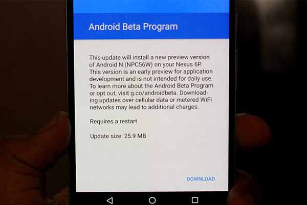 Уведомление об обновлении предварительной версии Android N для разработчиков