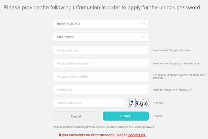 Unlock Bootloader on Huawei Form