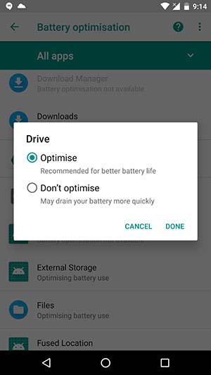 Select "Don't optimise" in Battery optimisation