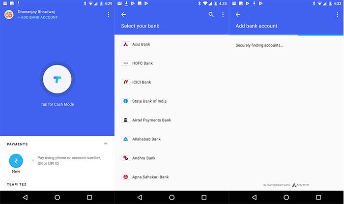 Adding new bank account on Google Tez