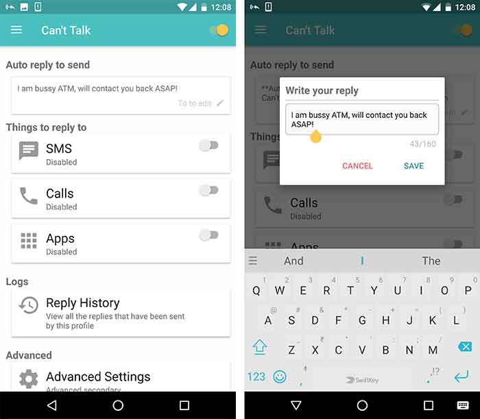 Автоответчик на сообщения в WhatsApp и других приложениях - приложение «Не могу говорить» Скриншот 1