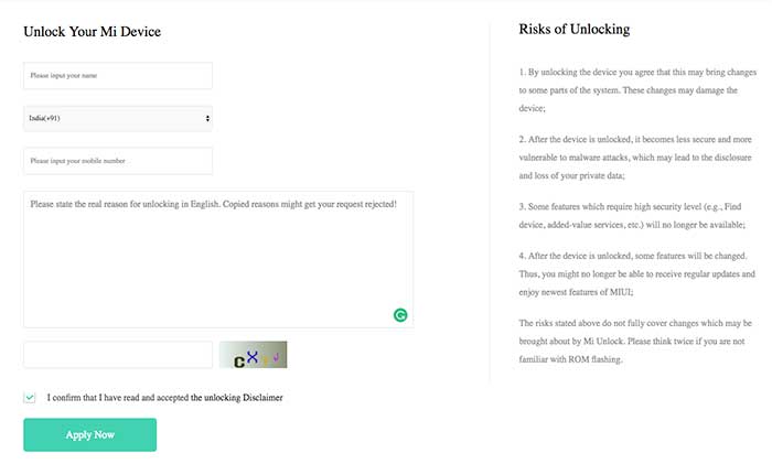How to Unlock Bootloader on Xiaomi Devices - Form submission