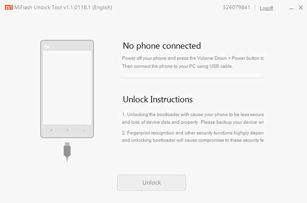 Mi Flash Unlock Tool - Connect your device and unlock