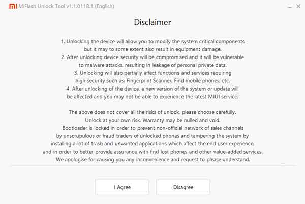 Mi Flash Unlock Tool - Disclaimer