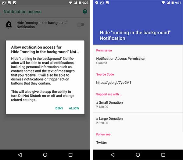 Hide Persistent Notifications on Android Oreo using Hide "running in the background" notification app