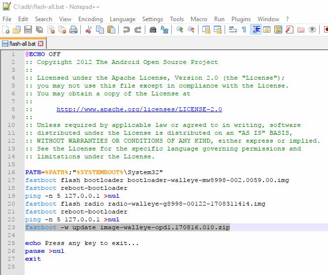 Восстановление стоковой прошивки на Google Pixel 2 - Редактирование flash-all.bat