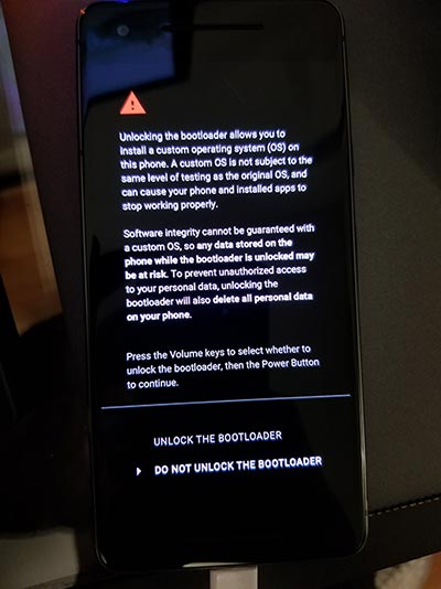Confirm message to Unlock Bootloader on Verizon Google Pixel 2
