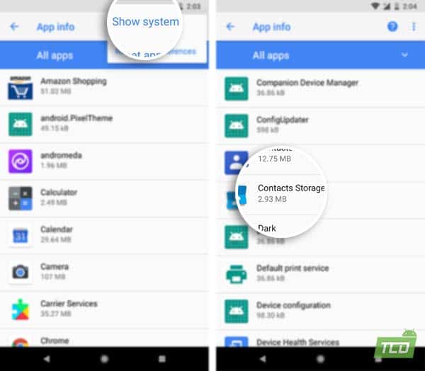 Fix Contacts Sync Issue on Android Oreo - Show System Apps