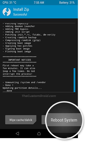 Download and Install SuperSU Zip using TWRP - Reboot System