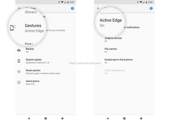 Enable Active Edge on Google Pixel 2 - Go to Gestures