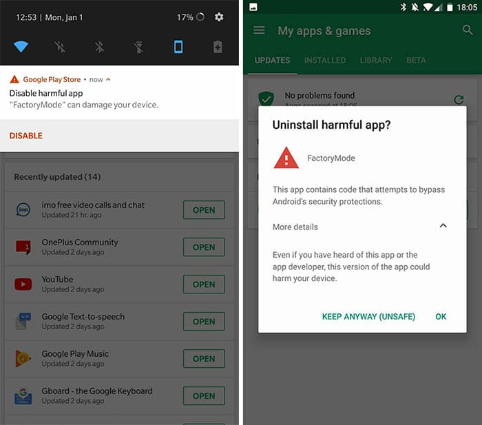 Fix Factory Mode Harmful App Warning - Screenshot