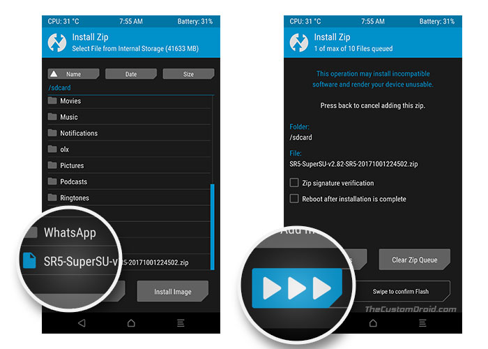 Загрузите и установите SuperSU Zip с помощью TWRP - Flash Root Zip File