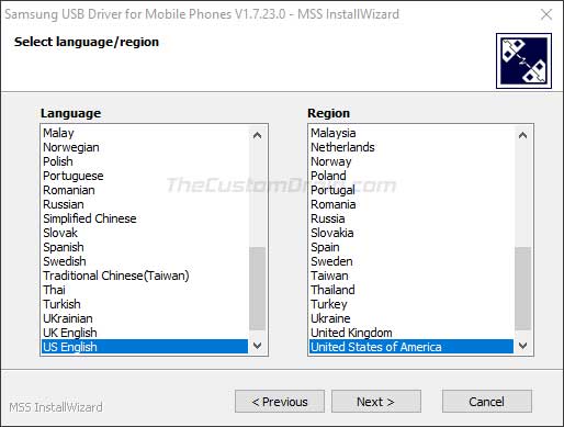 Install Samsung USB Drivers on Windows - Select the preferred language and country