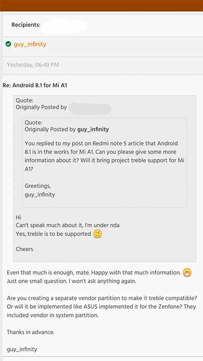 Xiaomi Mi A1 Project Treble Support News - Confirmation Screenshots