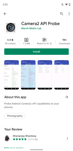 Проверьте поддержку Camera2 API на Android - установите приложение Camera2 API Probe