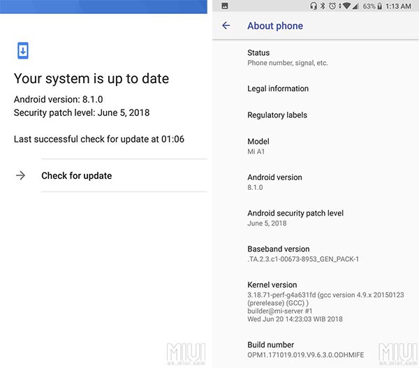 Xiaomi Mi A1 9.6.3.0 Oreo Update - OTA Screenshot