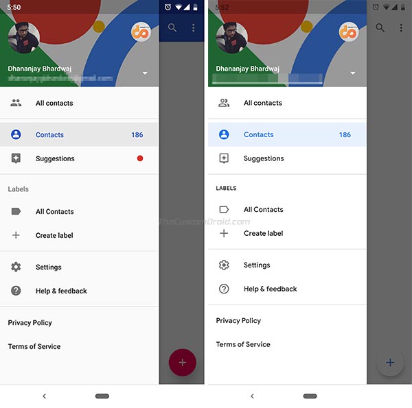 Google Contacts 3.0 - All Contacts - Wired Icons in Hamburger Menu
