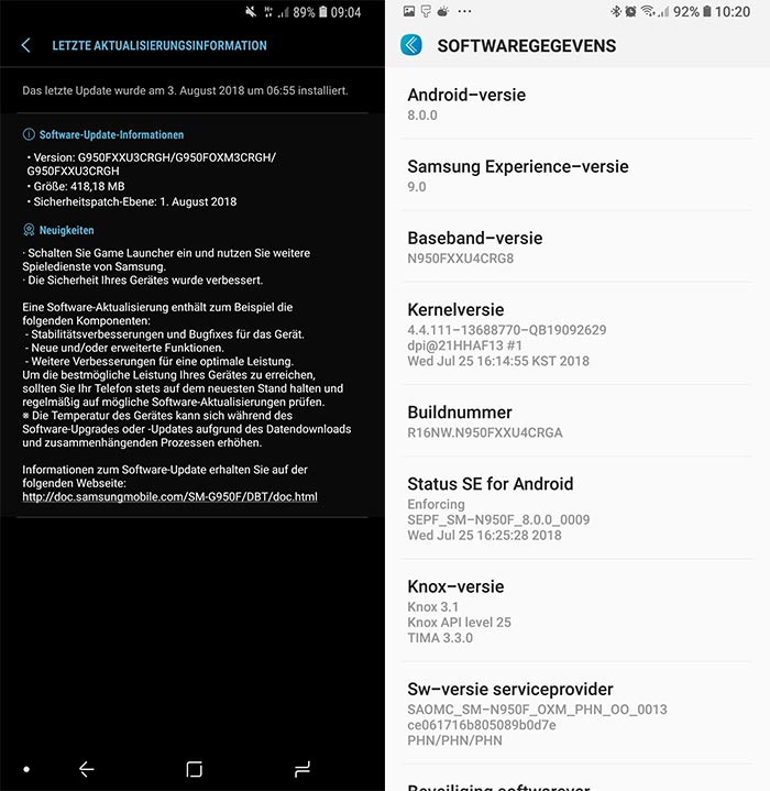 Samsung Galaxy S8, S9, and Note 8 August 2018 Security Patch - OTA Screenshot