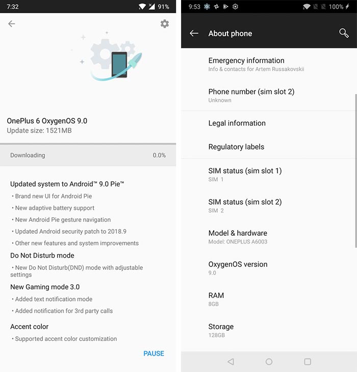 OnePlus 6 OxygenOS 9.0 Update - OTA Screenshot