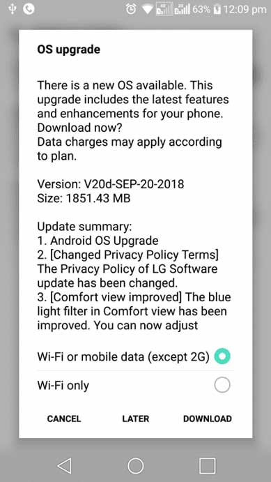 International LG V20 Android Oreo Update - OTA Screenshot