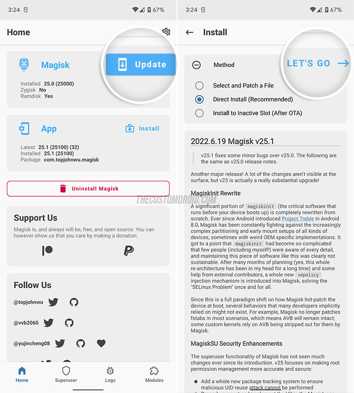 Select "Direct Install" and update Magisk to the latest version