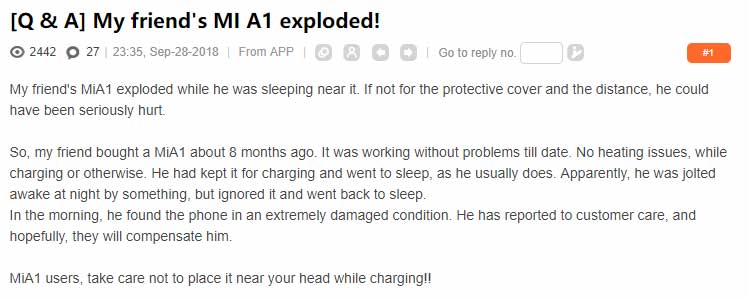 Xiaomi Mi A1 Explodes while Charging at Night