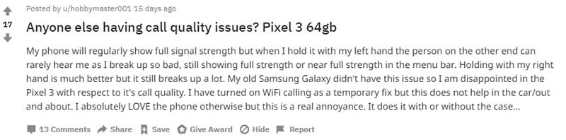 Google Pixel 3/3 XL Sound Quality and Contectivity Issue - Reddit Report