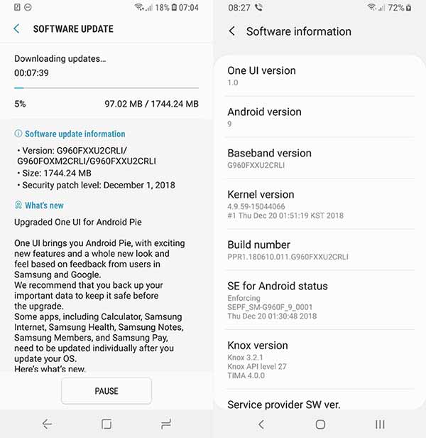 Samsung Galaxy S9/S9+ Android Pie Update - OTA Screenshot