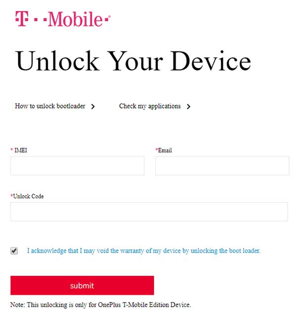Unlock Bootloader on T-Mobile OnePlus 6T - Fill Bootloader Unlock Token Request Page