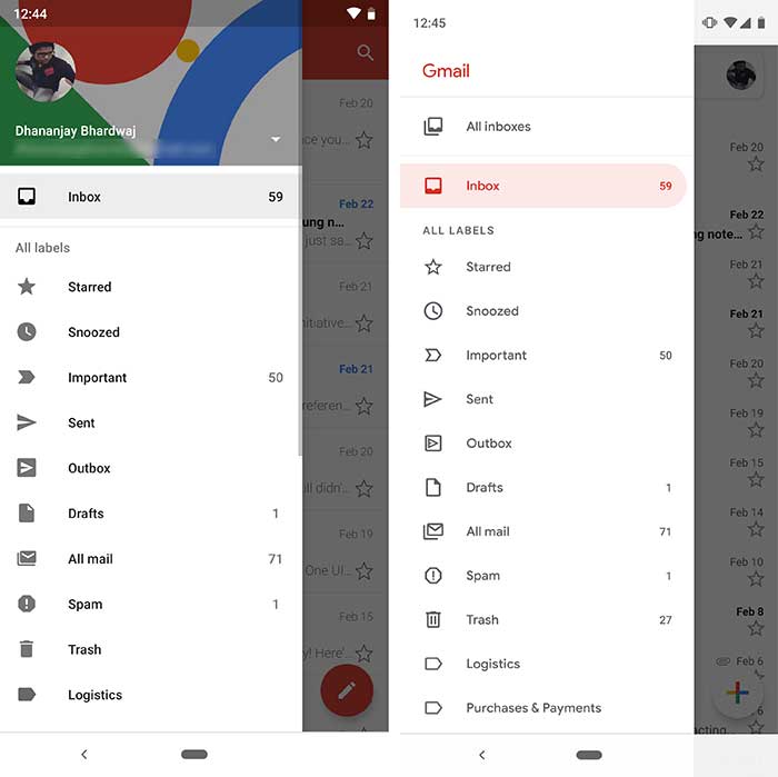 Gmail for Android Material Theme - Navigation Drawer