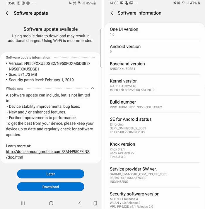 Samsung Galaxy Note 8 Android Pie (One UI) Update - OTA Notification