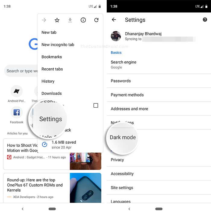 Go to Google Chrome Settings and Tap on the 'Dark Mode' option