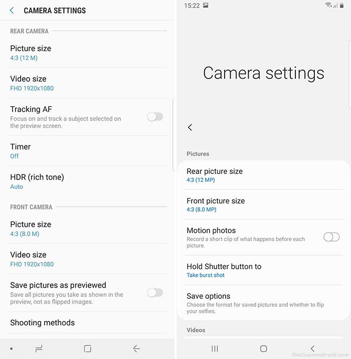 Samsung One UI vs Samsung Experience - Camera Settings Menu