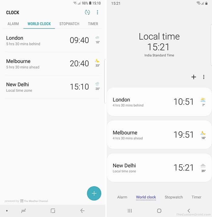 Samsung One UI vs Samsung Experience - Clock App