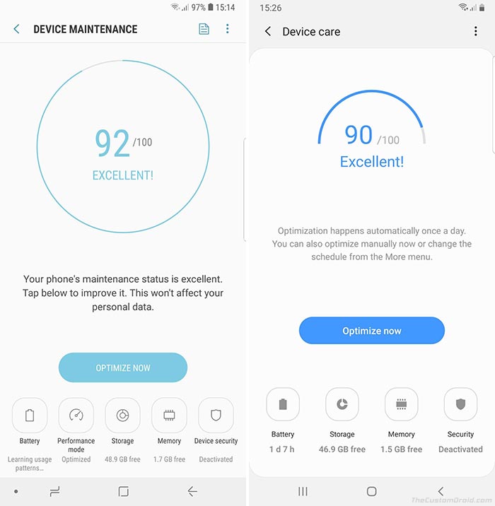 Device Care in Samsung One UI vs Device Maintenance Samsung Experience